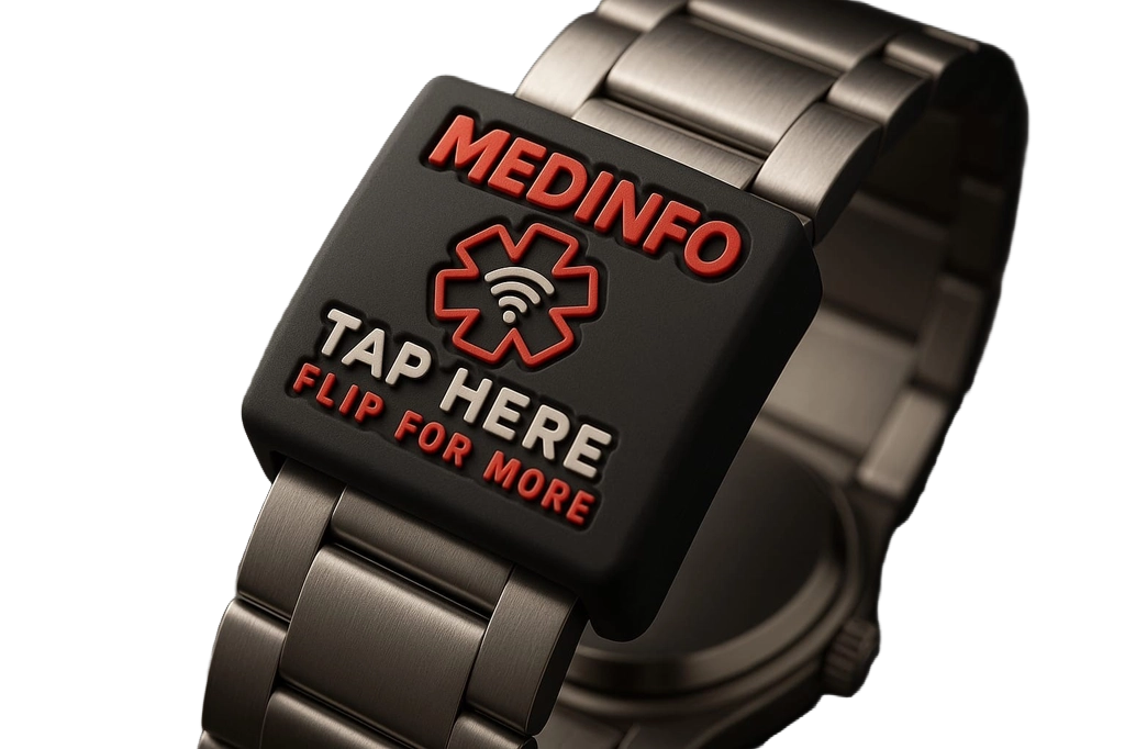 Apple Watch with a MedInfo NFC-enabled medical ID sleeve